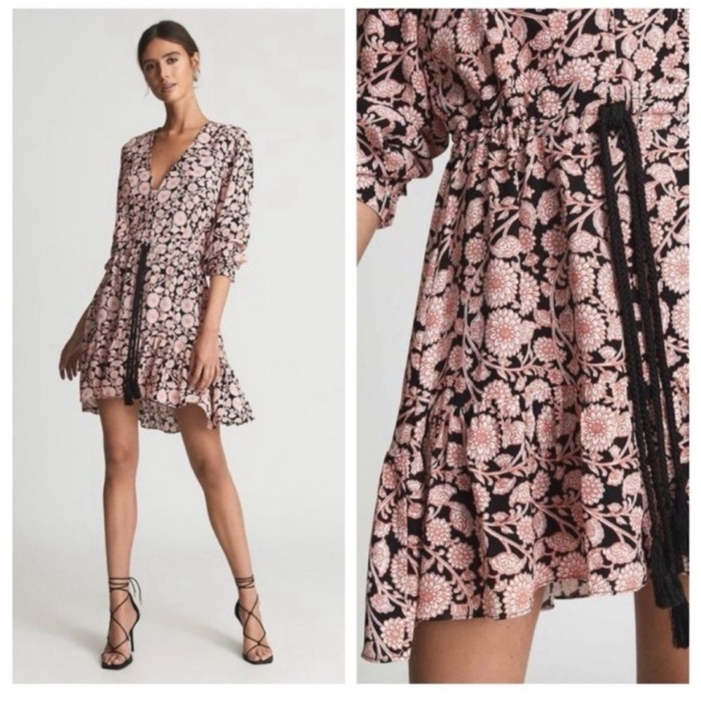 NWOT Reiss January Dress Size 6 Mini Tiered Floral Pink and Black Loose Boho